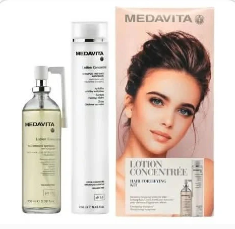 Kit Medavita Lotion Concentrée Femme avec boîte rose, shampooing et lotion